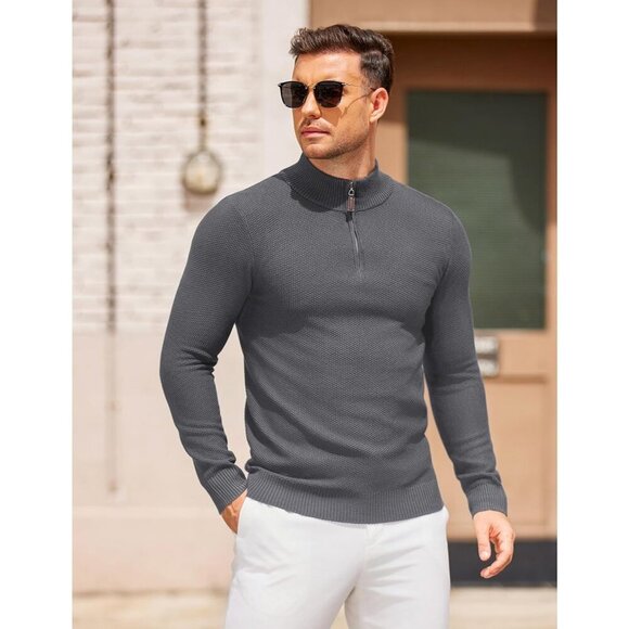 Men's Slim Fit Quarter Zip Pullover Sweater, Knit Mock Neck Polo Gray Sweater - Picture 3 of 6